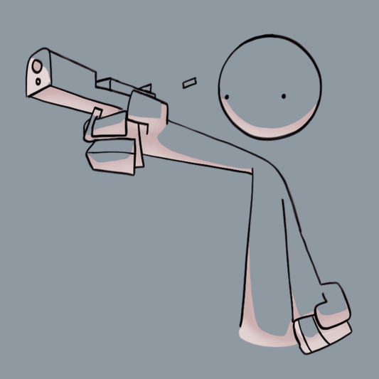 Simple line drawing of a stick figure holding a large gun on a gray background